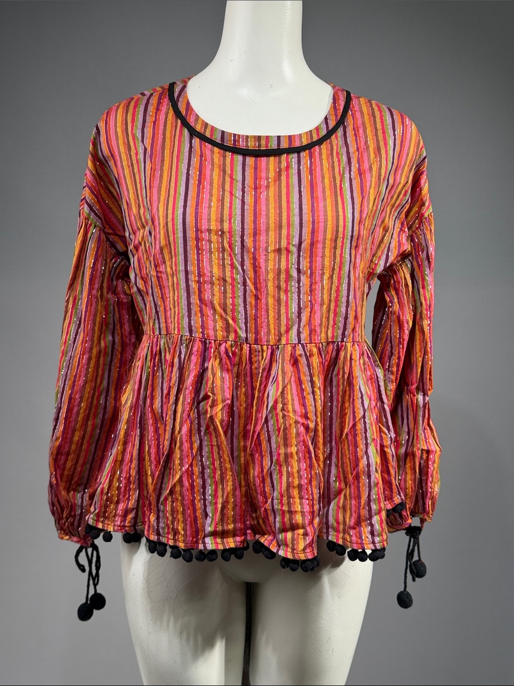 Amaryllis Striped Peplum Tunic in Pink, Orange & Yellow with Pom Trim (rack 15)